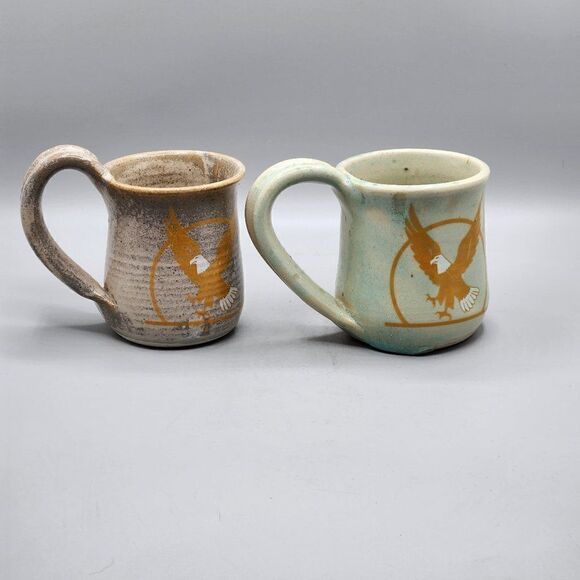 Hand Made Studio Art Pottery Mug Thumb Rest Tan Drip Glaze Signed Eagle - Picture 1 of 5